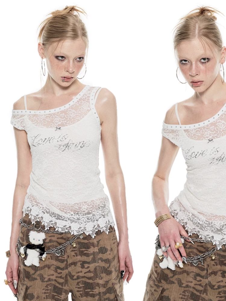 Slant Shoulder Asymmetric Lace See Through Overlay Vest