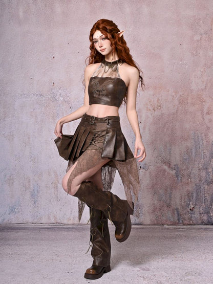 Hippie Spliced Irregular Leather Skirt