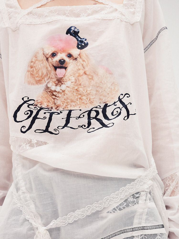 Poodle Print Lace Up Long Sleeve Top