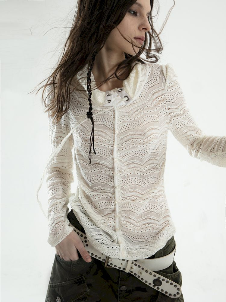 Slim Jacquard Lace Hollow T-Shirt