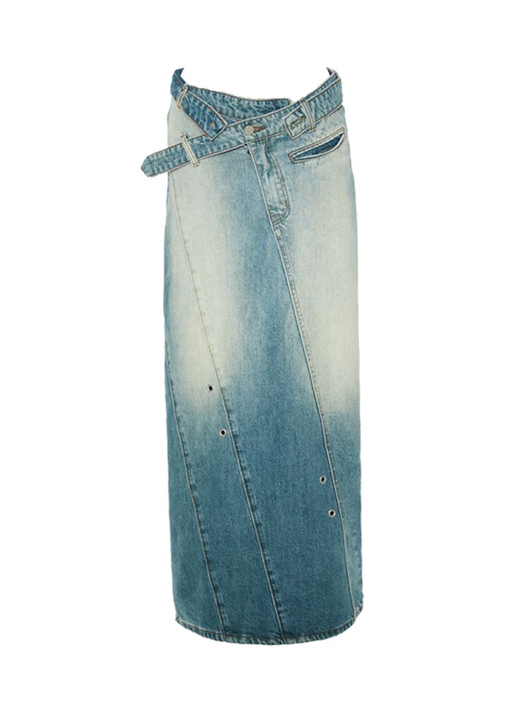 Washed denim slimming straight long half skirt