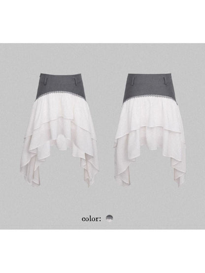 Irregular mesh splicing a-line high waist bustier skirt