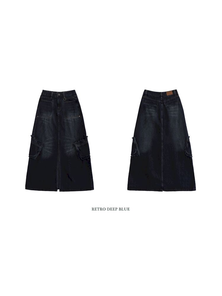 Raw Edge Tabs With Pockets Denim Work Skirt