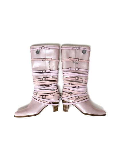 Ancient Coin Pink Stacked Lace-Up Boots