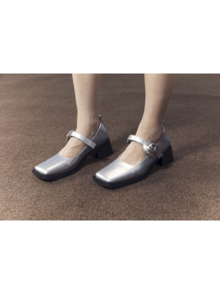 Silver Camellia Square Toe Mary Jane Leather Shoes