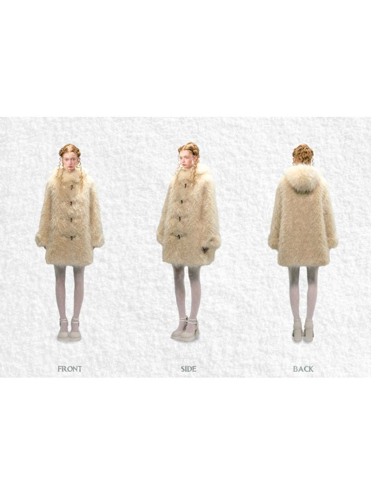 hooded mid-length loose faux fur jacket coat