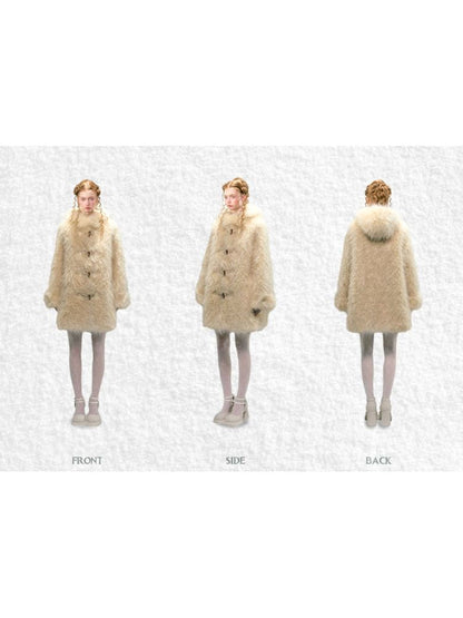 hooded mid-length loose faux fur jacket coat