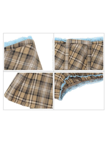 Plaid Lace Pleated Skirt Pants