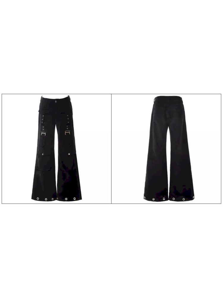 D-ring air eyelets decorated loose thin straight pants