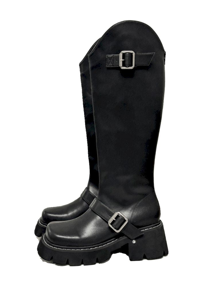 Black Thick Sole Big Head Western Boots