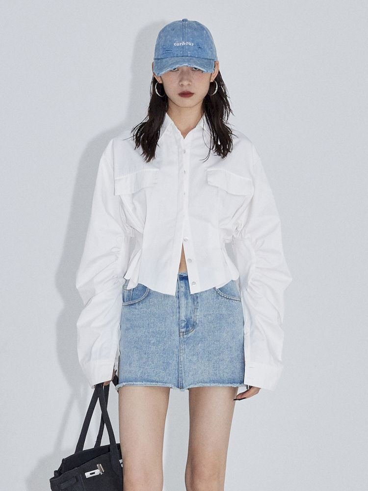 Pinch pleated broken holes Raw edge denim skirt