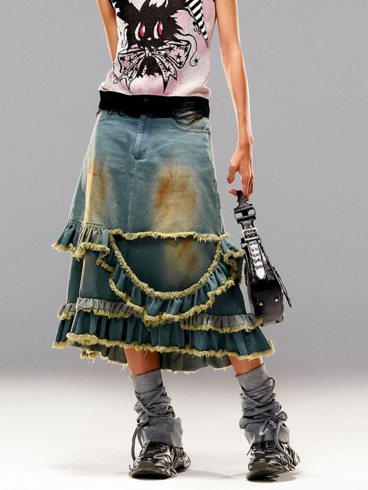 Raw Edge Mud Dye Denim Skirt