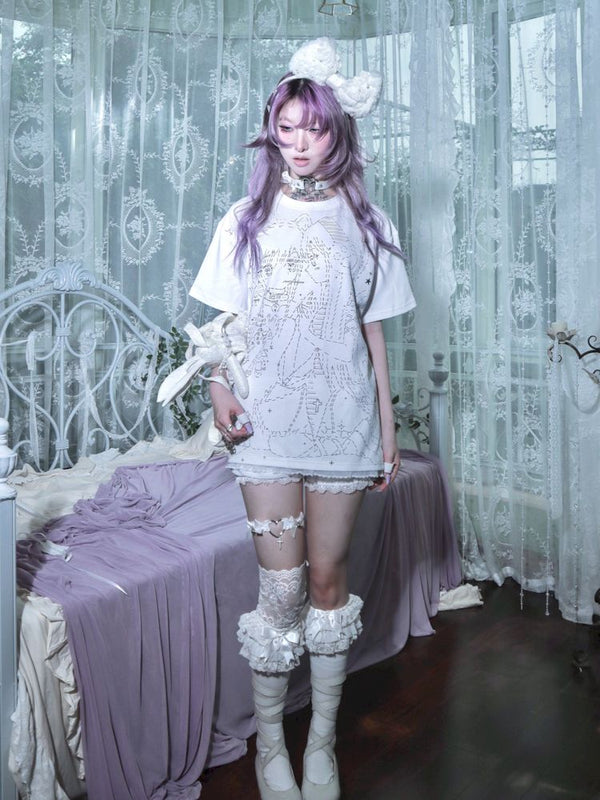 Black and white loose lace T-shirt