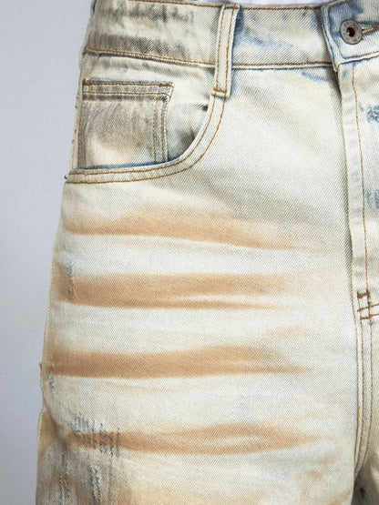 Yellow mud dyed washed and old worn holes straight jeans