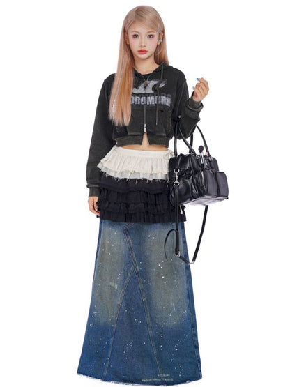 Washed splash ink flinging point spray denim bustier skirt