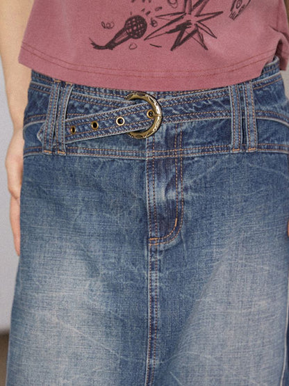 Old washed denim bustier thin A-line skirt