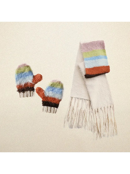 Stripe gloves hand knitted tassel scarf