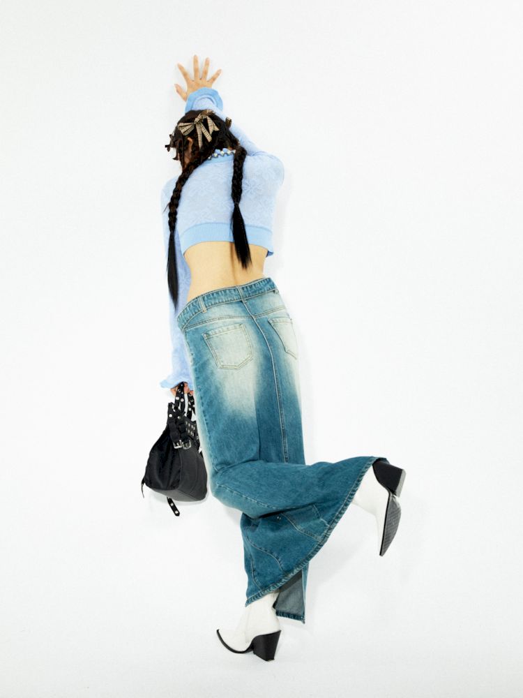 Washed denim slimming straight long half skirt