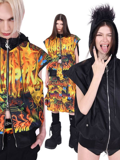 Flaming Cat Rock Punk Genderless Sleeveless Jacket