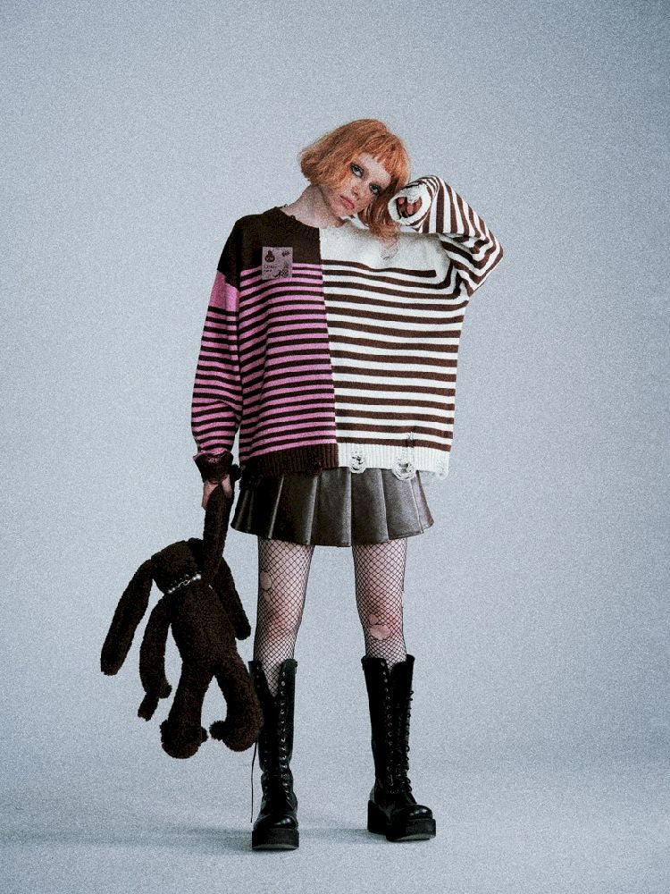 Color-Crossing Stripe Hole Breaking Knit Sweater