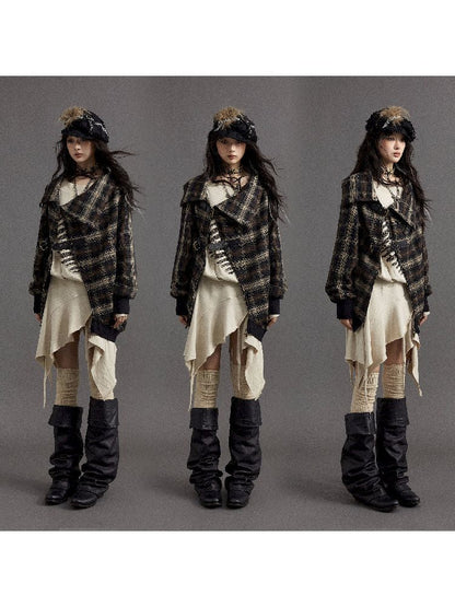 Loose plaid asymmetrical sweater jacket