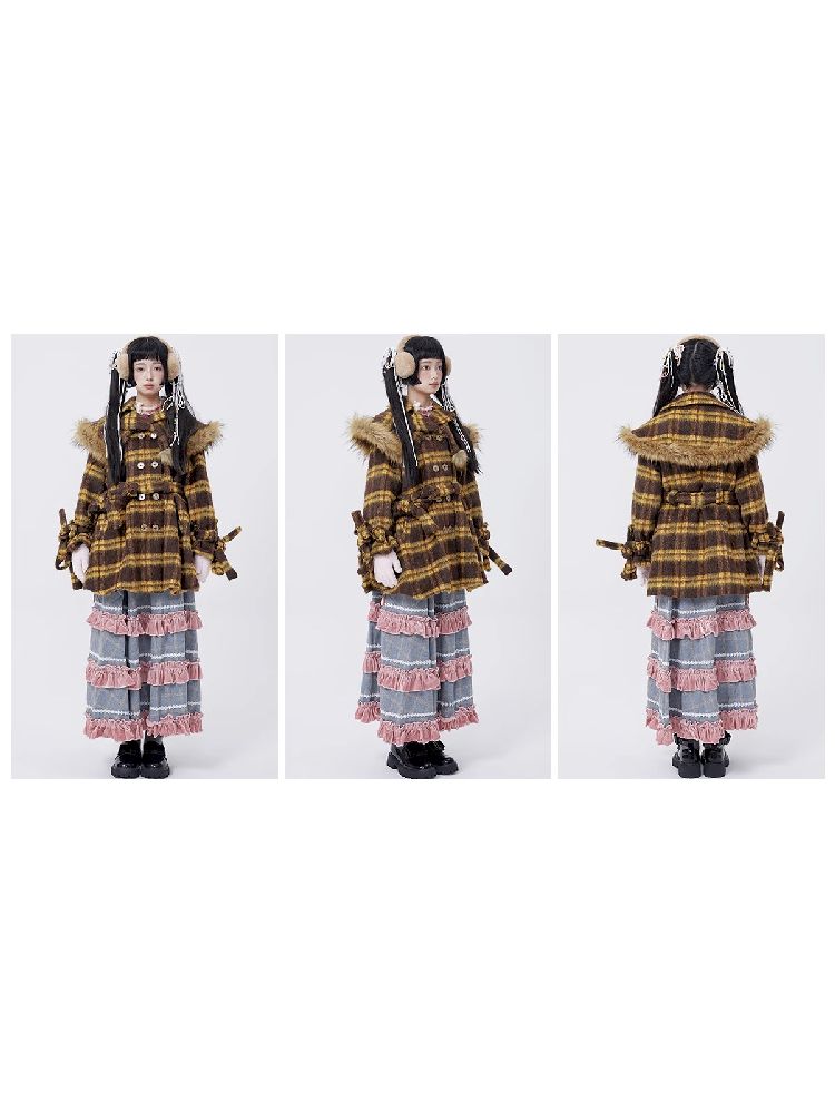 Yellow Plaid Tweed Thick Coat