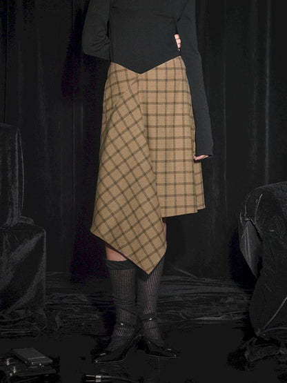 Half Tweed Draped Elegant Plaid Skirt