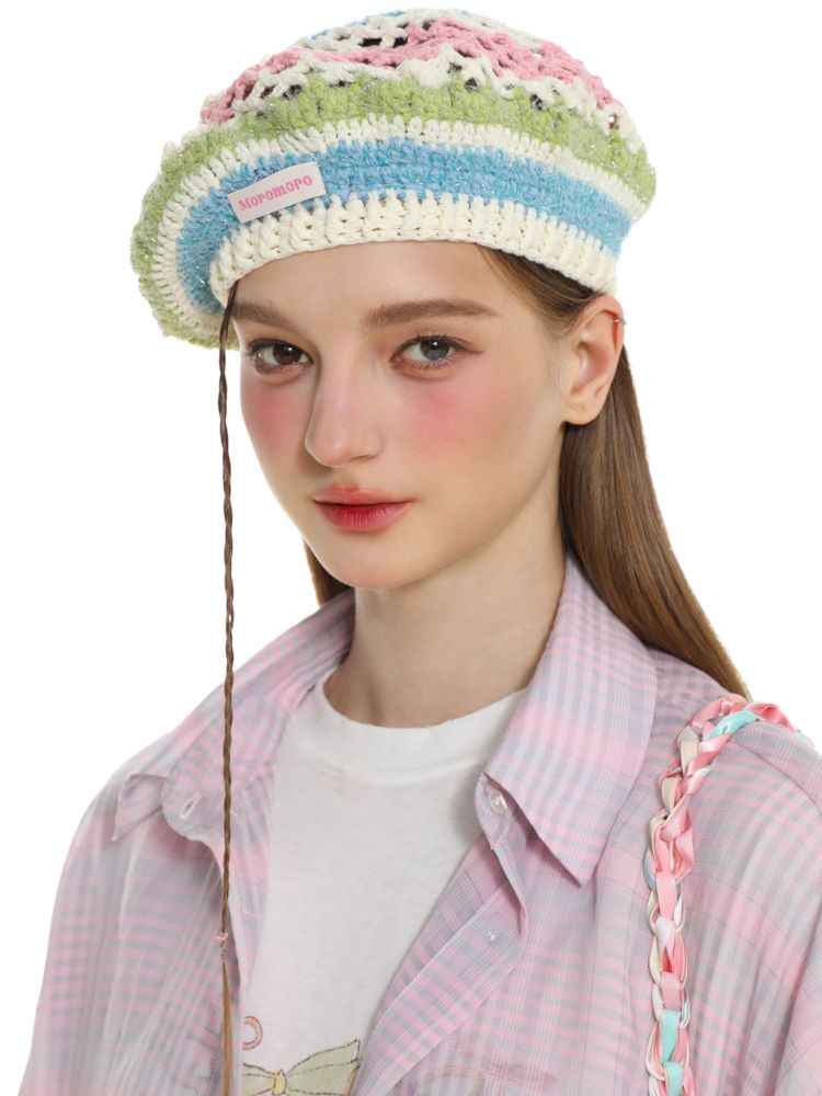 Fish scale pattern jacquard bow beret