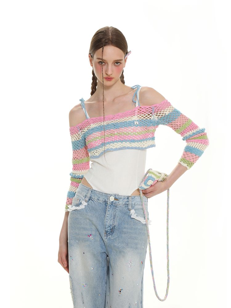 Jacquard Butterfly Stripe Cutout Knit Top