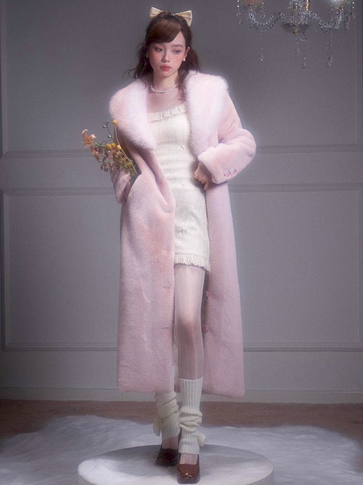 Pink Gradient Fur Collar Fur Coat