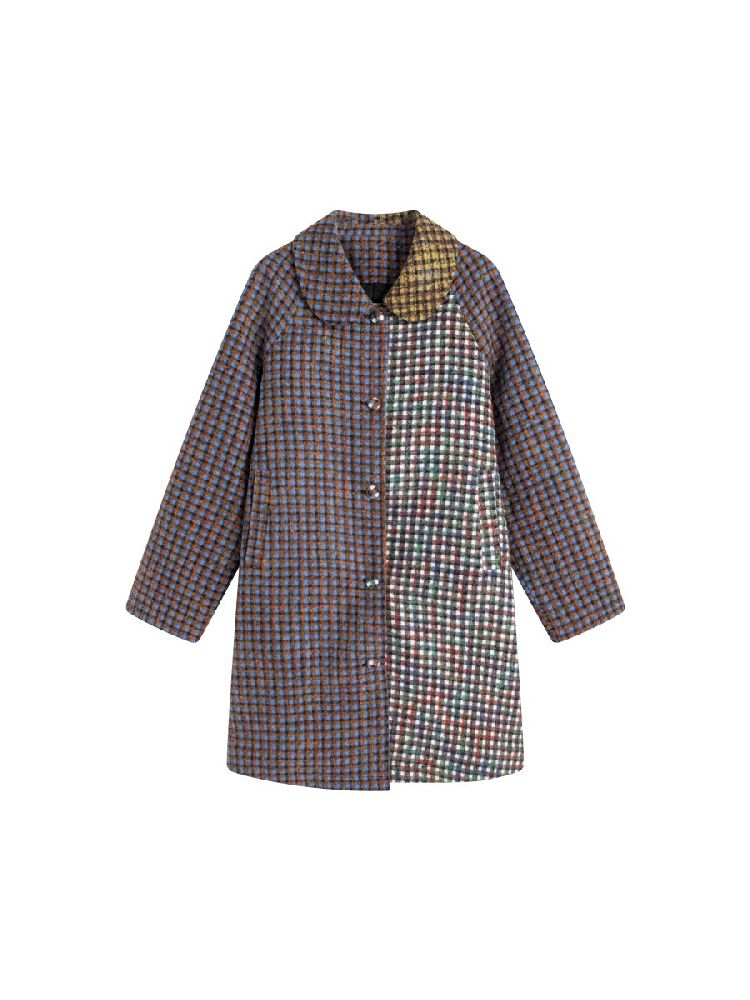 Medium long doll collar folder cotton tweed jacket