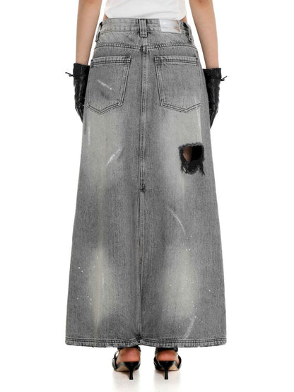 Multiple holes denim long skirt