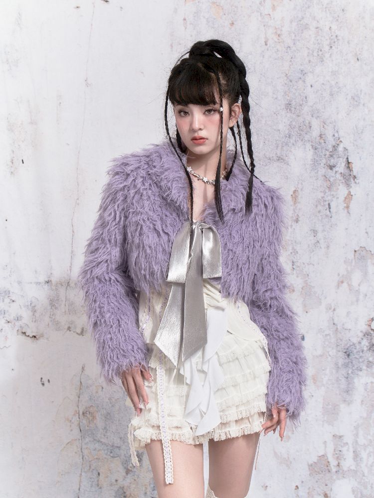 Purple Fox Fur Bow Shoulder Jacket