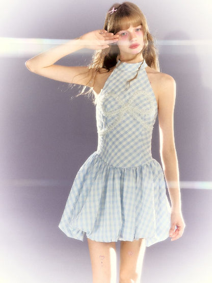 Plaid Pearl Bow Waisted Short Dress