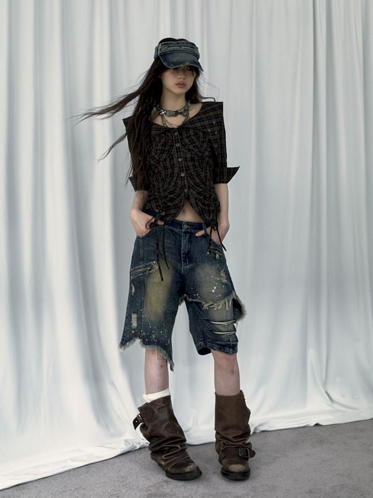 Punk street washed and worn wide-leg jeans