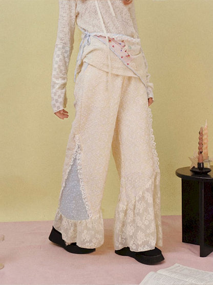 Lace Splicing Wide Leg Flared Pants