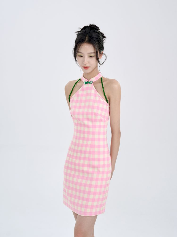 Pink Check Slim Short Dress