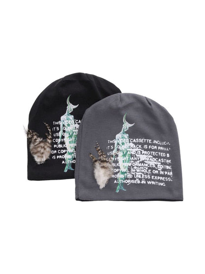 Printed Feather Two Color Knit Hat