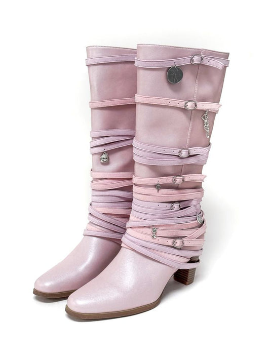 Ancient Coin Pink Stacked Lace-Up Boots