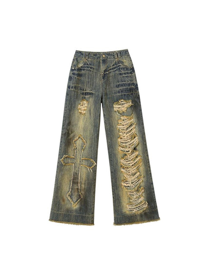 Washed ripped holes loose wide leg jeans