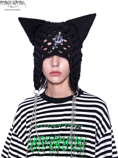 Hole Knit Chain Cat Ear Hat