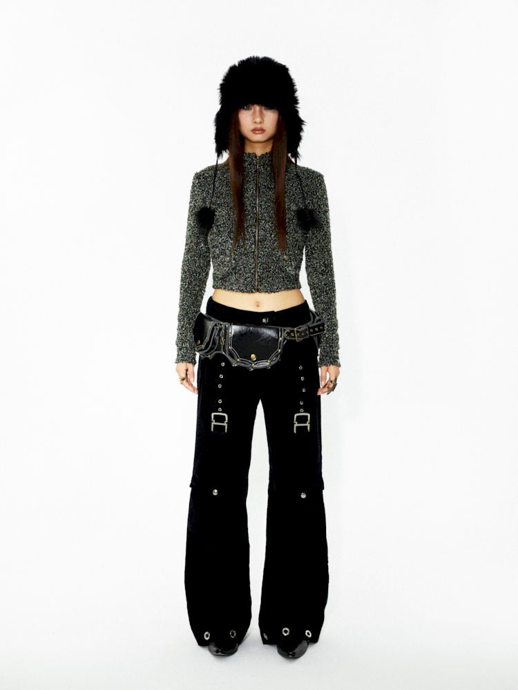 D-ring air eyelets decorated loose thin straight pants