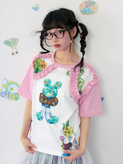 Candy print frilly lace cotton T-shirt