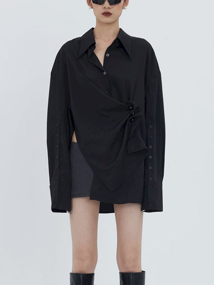 Asymmetric Hem Pleated Loose Pointed Collar Shirt