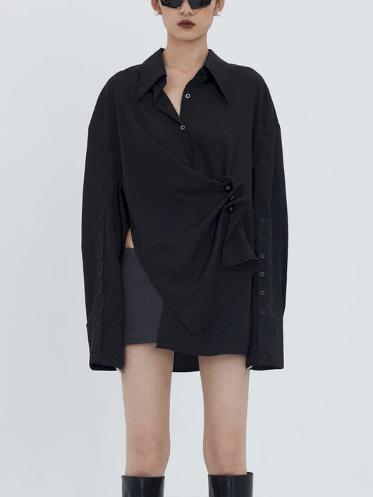 Asymmetric Hem Pleated Loose Pointed Collar Shirt