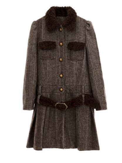 Tweed Single Breasted Coat Jacket Pleated Skirt