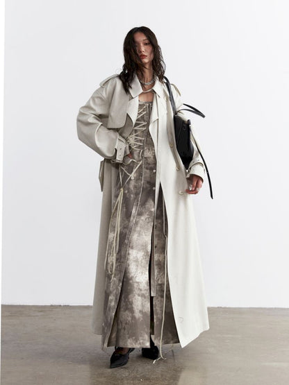 Tie Trim Genderless Long Trench Coat