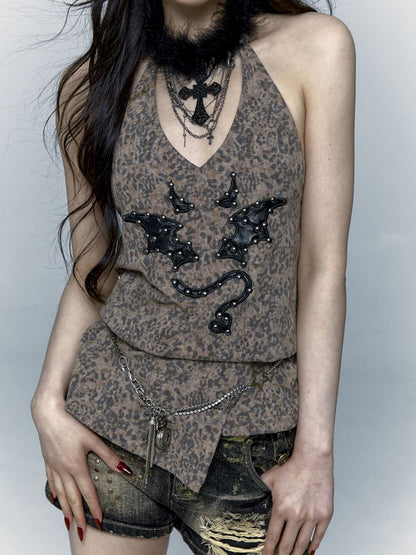 Embroidered Leopard Print Hanging Neck Vest Camisole