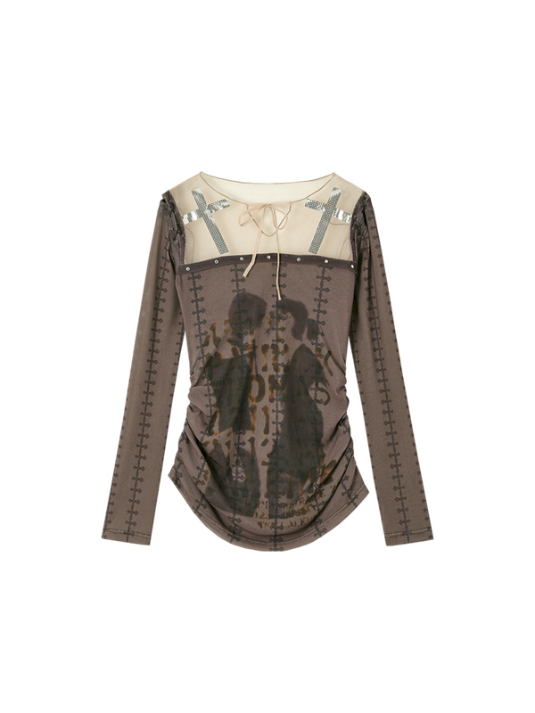 Slim mesh printed long-sleeved bottoming shirt