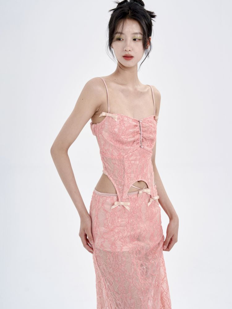 Peach Lace Camisole + Low Waist Lace Half Skirt Set